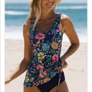 Floral Print Drawstring Tummy Control Tankini Top